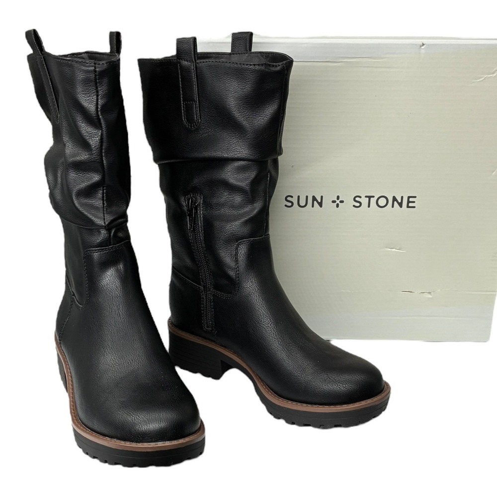 Sun + Stone Nelliee Black Slouch Mid Calf‎ Lug Sole Boots NIB Size 6 Trendy